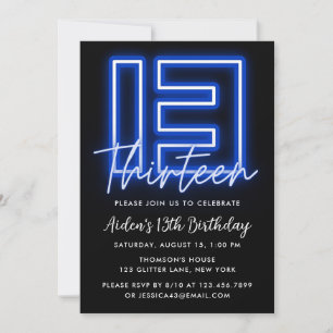 Neon Blue 13th Birthday Invitation Kaart