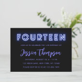 Neon Blue 14th Birthday Invitation Kaart (Staand voorkant)