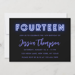 Neon Blue 14th Birthday Invitation Kaart