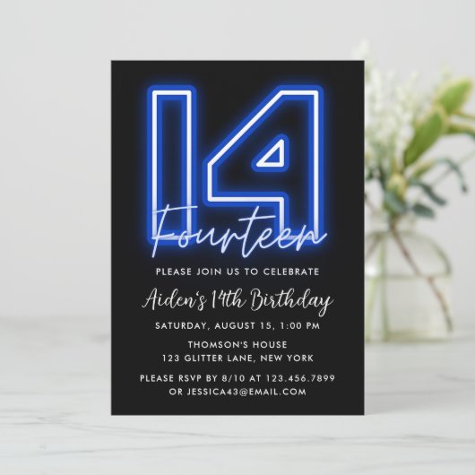 Neon Blue 14th Birthday Invitation Kaart (Staand voorkant)