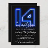 Neon Blue 14th Birthday Invitation Kaart (Voorkant / Achterkant)
