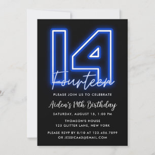 Neon Blue 14th Birthday Invitation Kaart