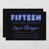 Neon Blue 15th Birthday Invitation Kaart (Voorkant / Achterkant)