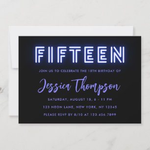 Neon Blue 15th Birthday Invitation Kaart