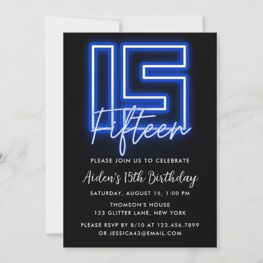 Neon Blue 15th Birthday Invitation Kaart (Voorkant)