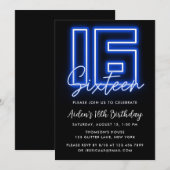 Neon Blue 16th Birthday Invitation Kaart (Voorkant / Achterkant)