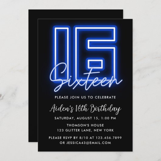Neon Blue 16th Birthday Invitation Kaart (Voorkant / Achterkant)