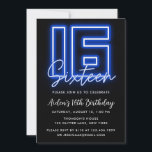 Neon Blue 16th Birthday Invitation Kaart<br><div class="desc">Het ontwerp is voorzien van een blauwe Neon grafische kaart aan de voorzijde. Ideaal voor jongens.</div>