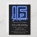 Neon Blue 16th Birthday Invitation Kaart<br><div class="desc">Het ontwerp is voorzien van een blauwe Neon grafische kaart aan de voorzijde. Ideaal voor jongens.</div>