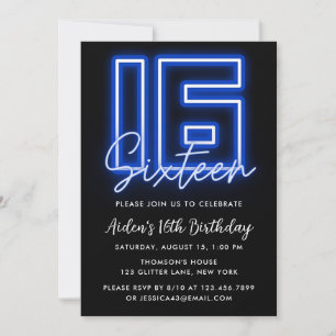 Neon Blue 16th Birthday Invitation Kaart