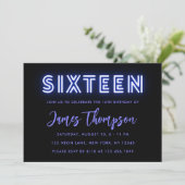 Neon Blue 16th Birthday Invitation Kaart (Staand voorkant)