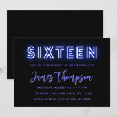Neon Blue 16th Birthday Invitation Kaart (Voorkant / Achterkant)