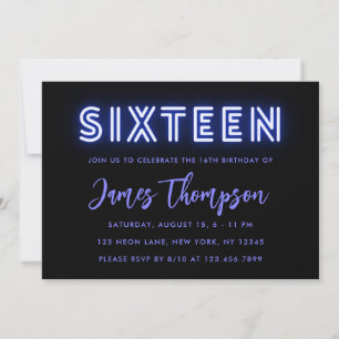 Neon Blue 16th Birthday Invitation Kaart