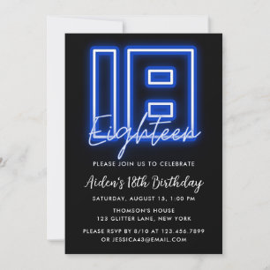 Neon Blue 18th Birthday Invitation Kaart