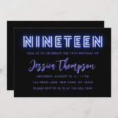 Neon Blue 19th Birthday Invitation Kaart (Voorkant / Achterkant)