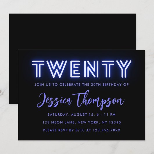 Neon Blue 20th Birthday Invitation Kaart (Voorkant / Achterkant)