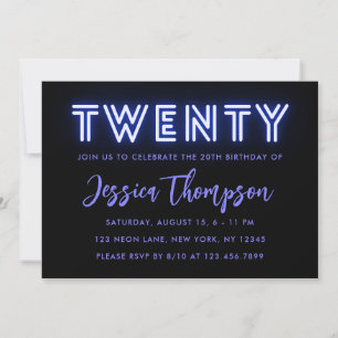 Neon Blue 20th Birthday Invitation Kaart