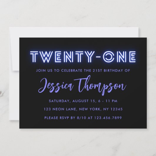 Neon Blue 21st Birthday Invitation Kaart (Voorkant)