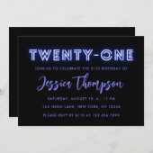 Neon Blue 21st Birthday Invitation Kaart (Voorkant / Achterkant)