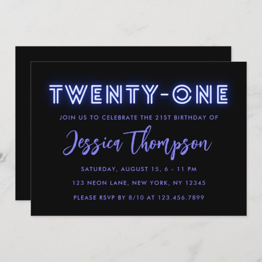 Neon Blue 21st Birthday Invitation Kaart (Voorkant / Achterkant)