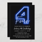 Neon Blue 4th Birthday Invitation Kaart (Voorkant / Achterkant)