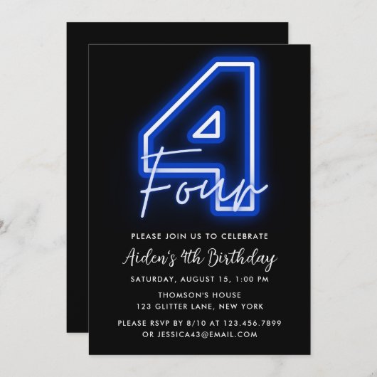 Neon Blue 4th Birthday Invitation Kaart (Voorkant / Achterkant)