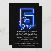 Neon Blue 6th Birthday Uitnodiging (Voorkant / Achterkant)
