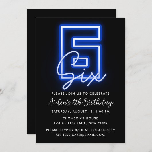 Neon Blue 6th Birthday Uitnodiging (Voorkant / Achterkant)