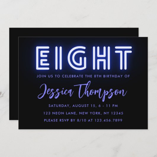 Neon Blue 8th Birthday Uitnodiging (Voorkant / Achterkant)