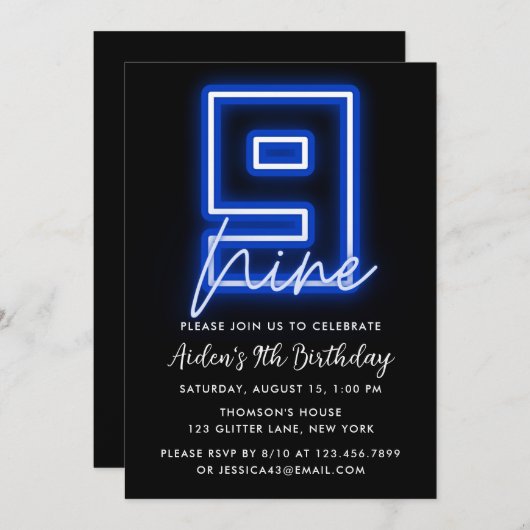 Neon Blue 9th Birthday Uitnodiging (Voorkant / Achterkant)