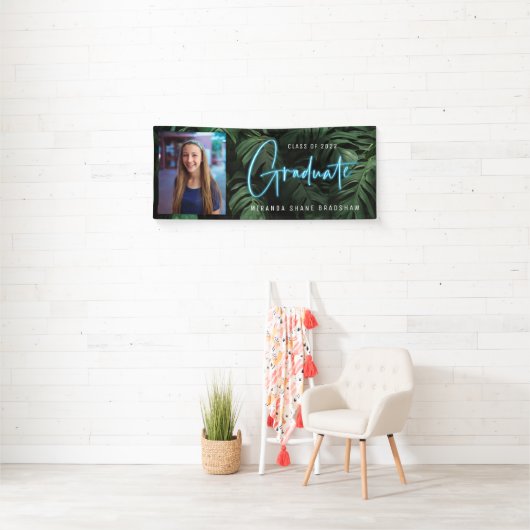 Neon Blue Afstuderen Tropische bladeren Foto Spandoek (Insitu)