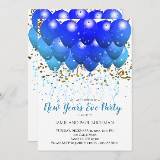 Neon Blue ballonnen en Gold Confetti op wit Kaart (Voorkant / Achterkant)