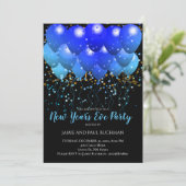 Neon Blue ballonnen en Gold Confetti op zwart Kaart (Staand voorkant)