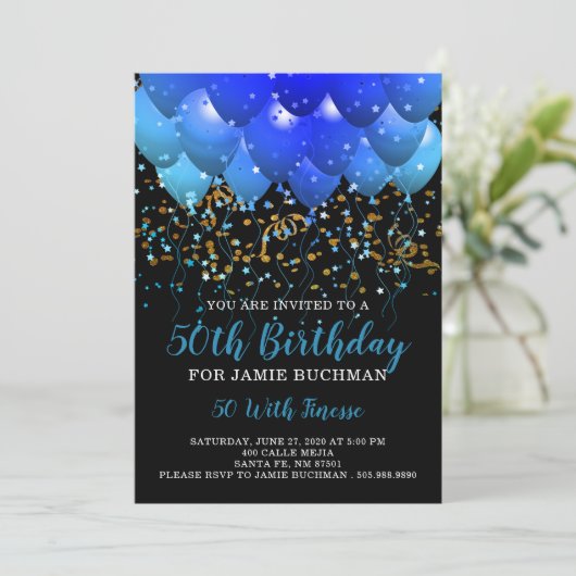 Neon Blue Balloons Confetti 50e verjaardag Kaart (Staand voorkant)