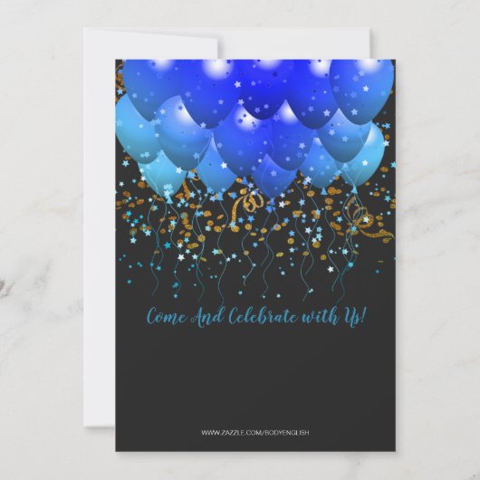 Neon Blue Balloons Confetti 50e verjaardag Kaart (Achterkant)