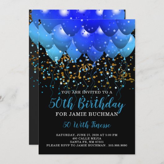 Neon Blue Balloons Confetti 50e verjaardag Kaart (Voorkant / Achterkant)