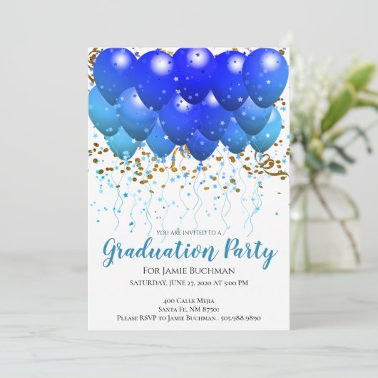 Neon Blue Balloons en Confetti Graduation Party Kaart (Staand voorkant)