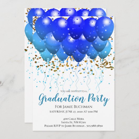 Neon Blue Balloons en Confetti Graduation Party Kaart (Voorkant / Achterkant)
