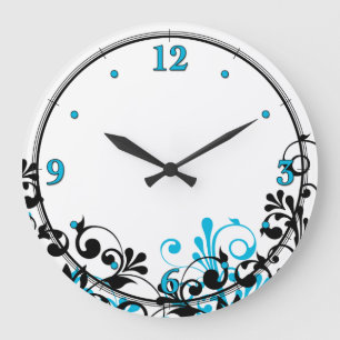 Neon Blue Black White Floral Wall Clock Grote Klok