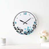 Neon Blue Black White Floral Wall Clock Grote Klok (Huis)