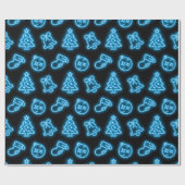 Neon Blue Christmas op zwart Cadeaupapier (Vlak)