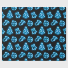 Neon Blue Christmas op zwart Cadeaupapier