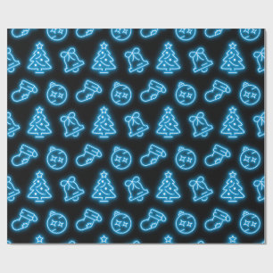 Neon Blue Christmas op zwart Cadeaupapier