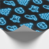 Neon Blue Christmas op zwart Cadeaupapier (Hoek)