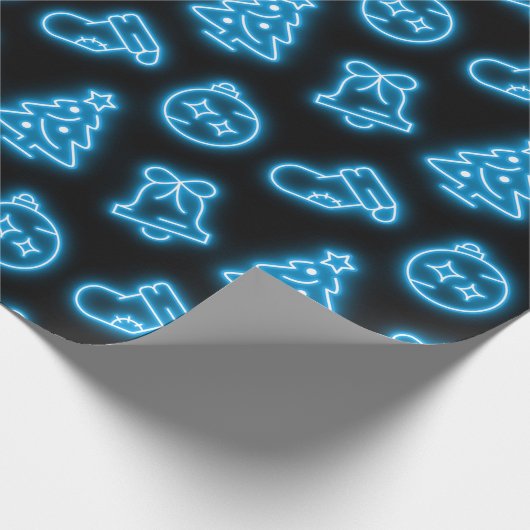 Neon Blue Christmas op zwart Cadeaupapier (Hoek)