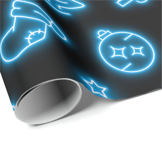 Neon Blue Christmas op zwart Cadeaupapier (Rol Hoek)
