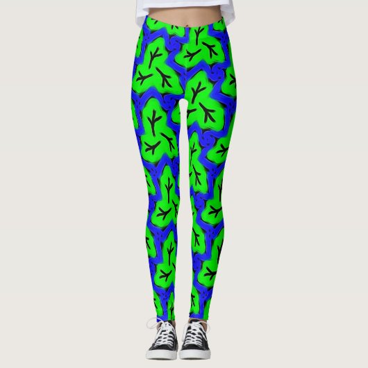 Neon Blue en Green Bold Leafy Pattern Leggings (Voorkant)