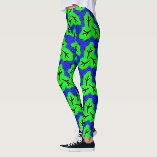 Neon Blue en Green Bold Leafy Pattern Leggings (Links)