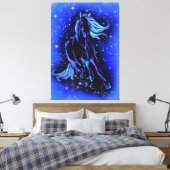 Neon Blue Horse bij Moonlight Sterrennacht Canvas Afdruk (Insitu (Slaapkamer))