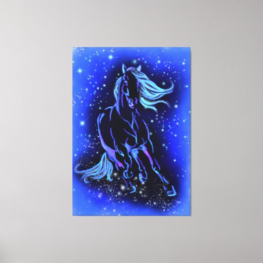 Neon Blue Horse bij Moonlight Sterrennacht Canvas Afdruk (Voorkant)